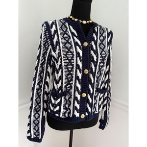 Navy White Cable Knit Cardigan Sweater‎ Button Front Womens M office chic